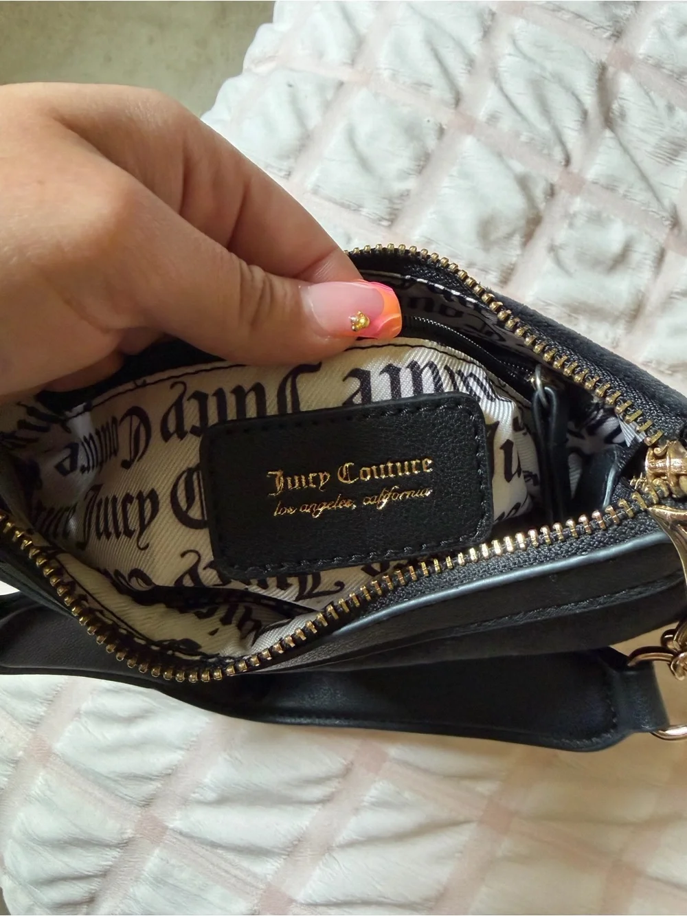 Juicy Couture Black Rhinestone 'Juicy' Logo Suede Shoulder Bag